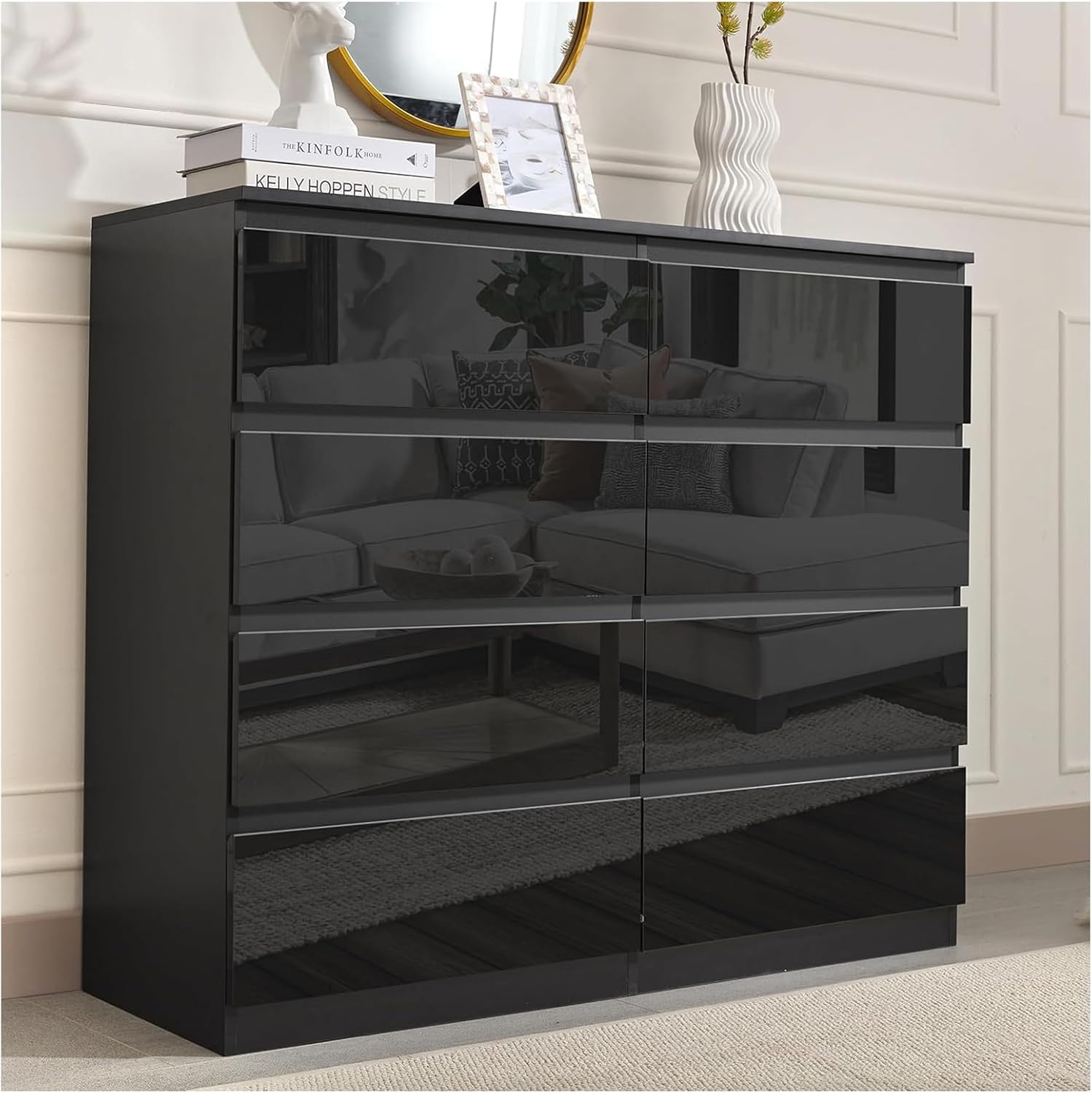 HTI living Sideboard Kenji 8 Schubladen Hochglanz Schwarz Kommode, 115 cm, 40 cm, 20 kg