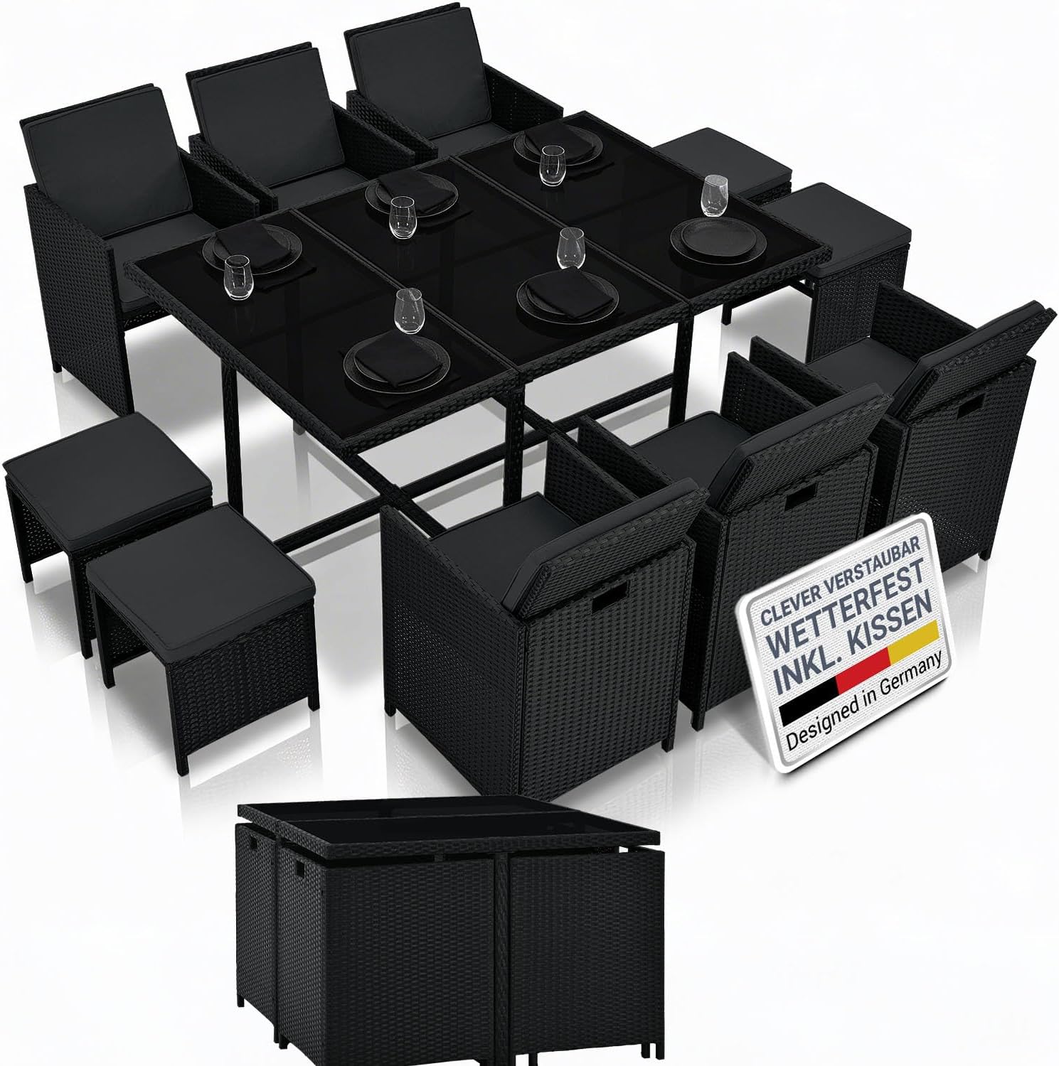 Juskys Polyrattan Sitzgruppe Baracoa XL 11-teilig wetterfest & stapelbar - 6 Stühle, Tisch, Esstisch, Outdoor, 74 cm, 109 cm, Grau