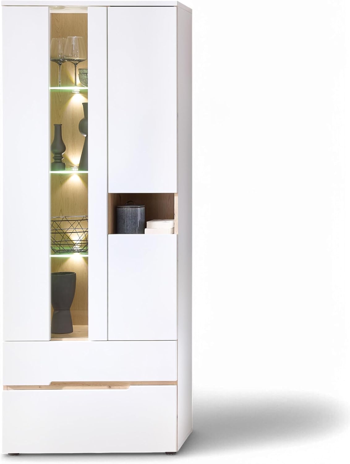 Stella Trading Memphis Vitrine in Weiß, Vitrinenschrank, 38 cm, LED-Beleuchtung, Glastür