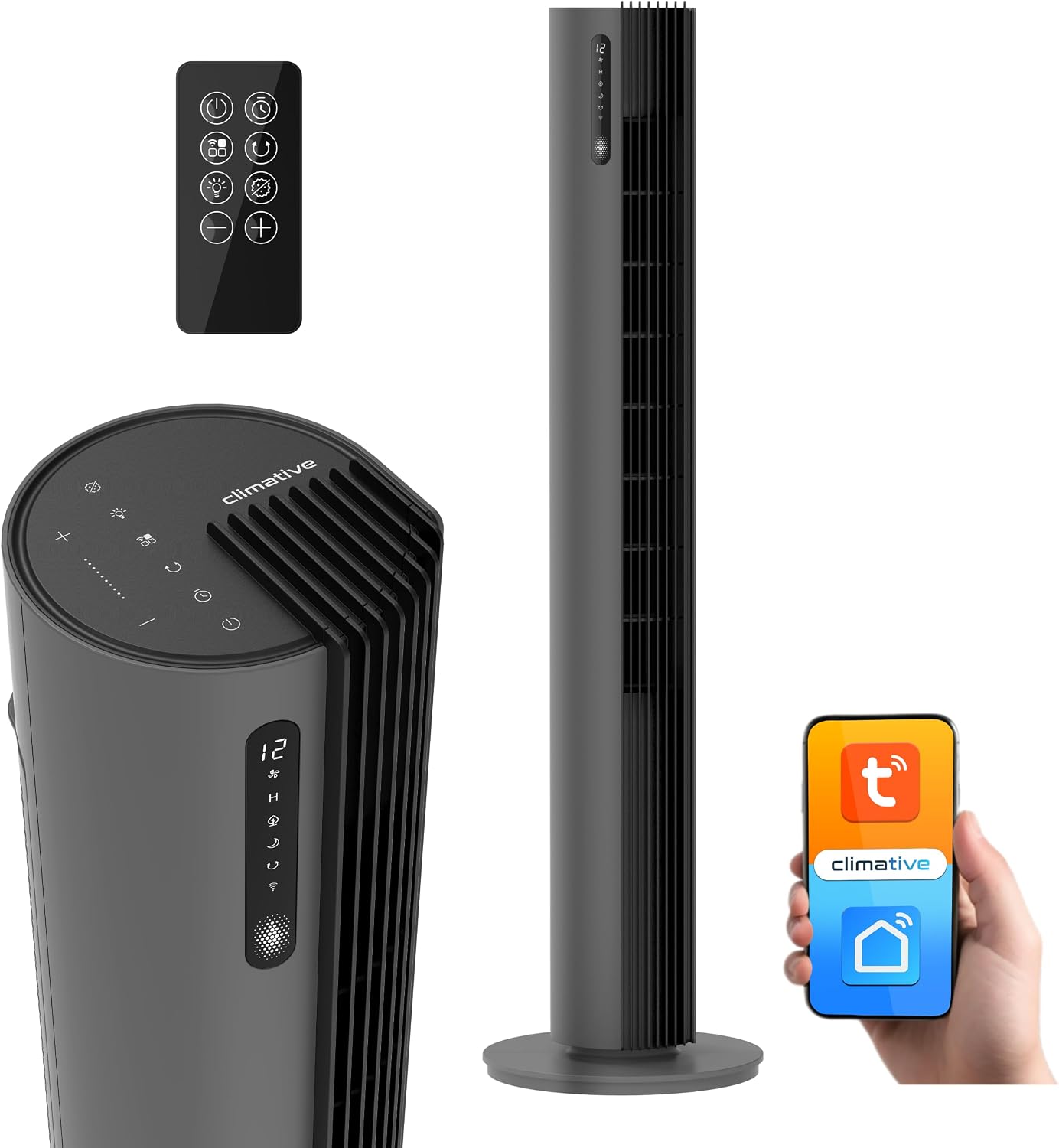 Climative Turmventilator, 30W, 110 cm, 12 Stufen, Fernbedienung, App-/WLAN-Steuerung, Timer, Grau