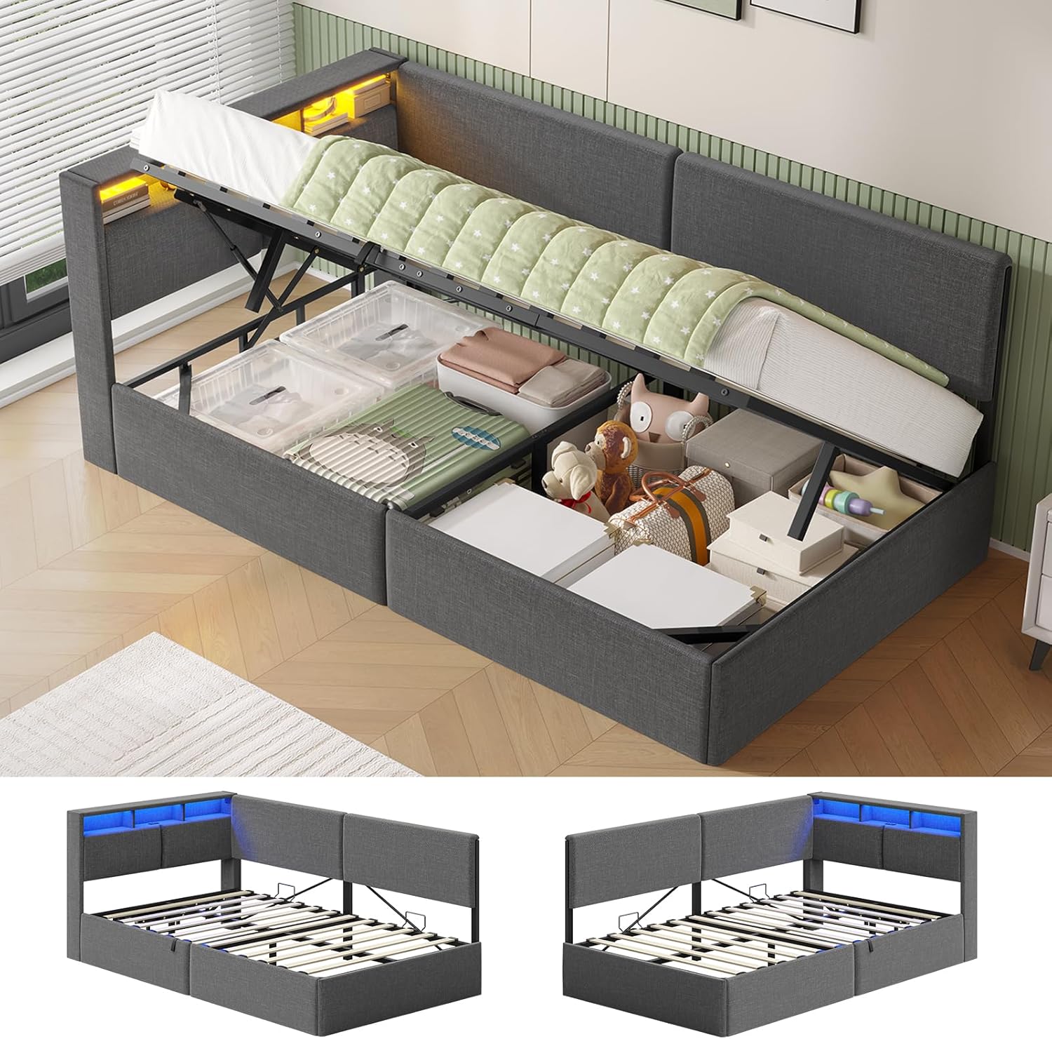 AOGLLATI Polsterbett Schlafsofa 90 × 200 mit USB-Steckdosen und hydraulischem Stauraum, Jugendbett, Matratze, Schlafzimmer, 95 cm, LED-Beleuchtung