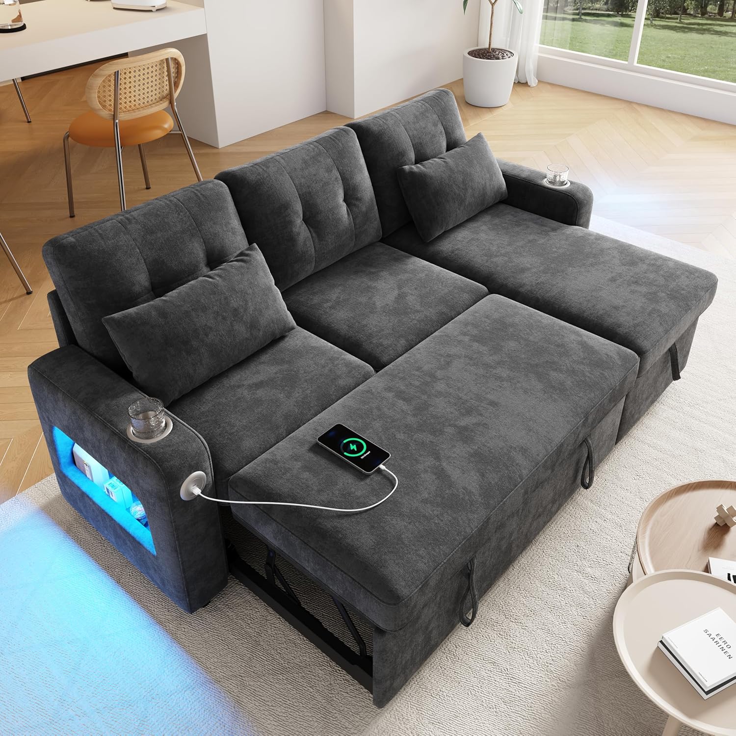 Merax Sofa Ecksofa mit Schlaffunktion und Bettkasten, Schlafsofa, Ausziehbett, Schlafzimmer, 85 cm, LED