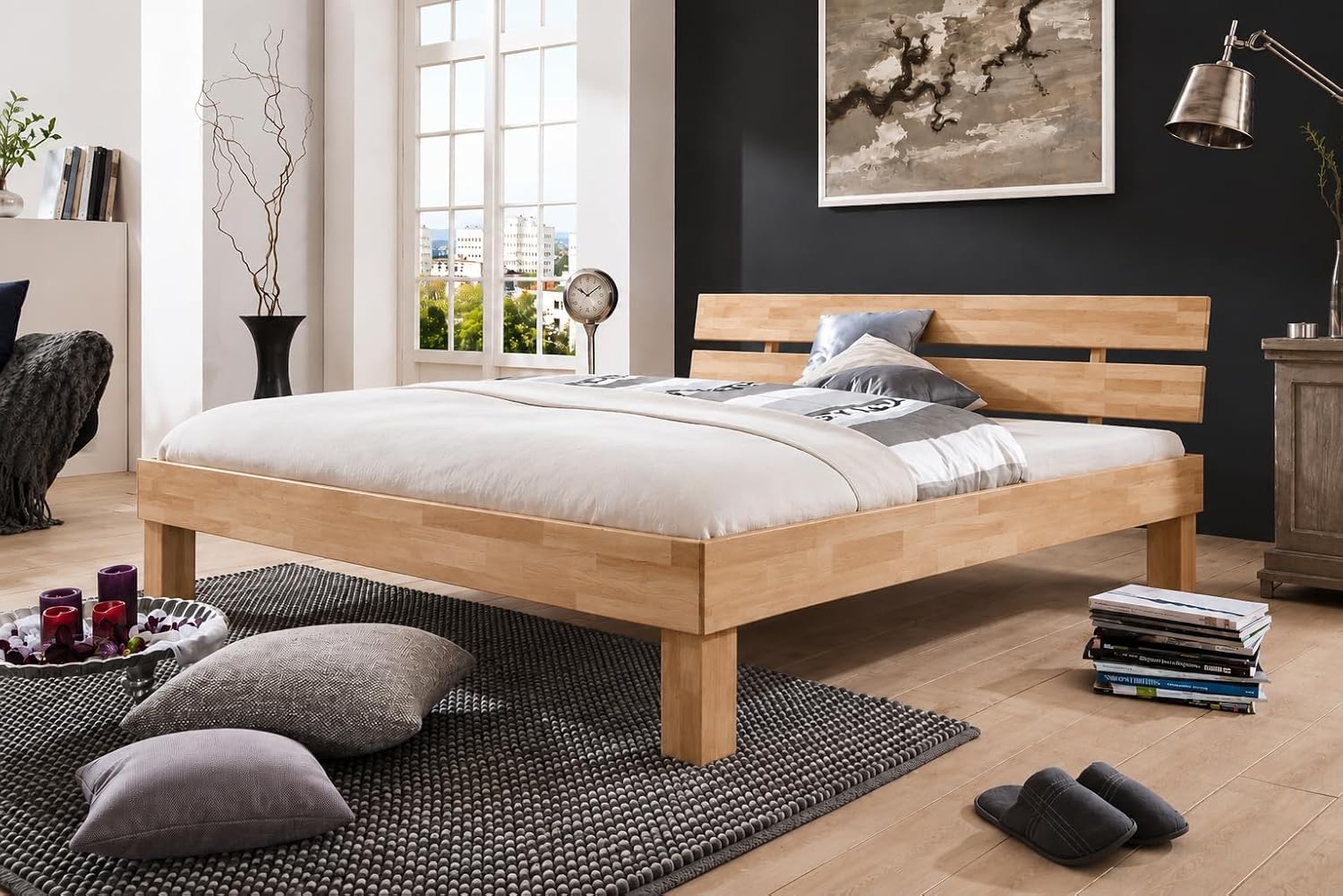 Bett Futon Schlafzimmer Bett Generic, Holzstärke der Füße 90 × 90 mm, Höhe inklusive Kopfteil: 75 cm, Höhe Boden bis Oberkante Bettseite: 37 cm