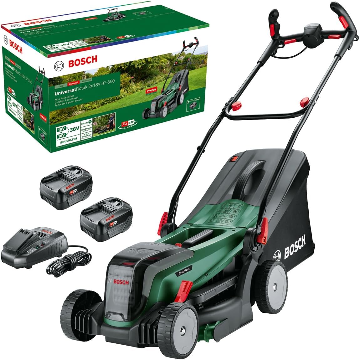 Bosch Akku-Rasenmäher UniversalRotak 2 × 18 V-37-550, 40 l, 37 cm, 25–70 mm, 12,4 kg, 13,7 kg, Ohne Akku