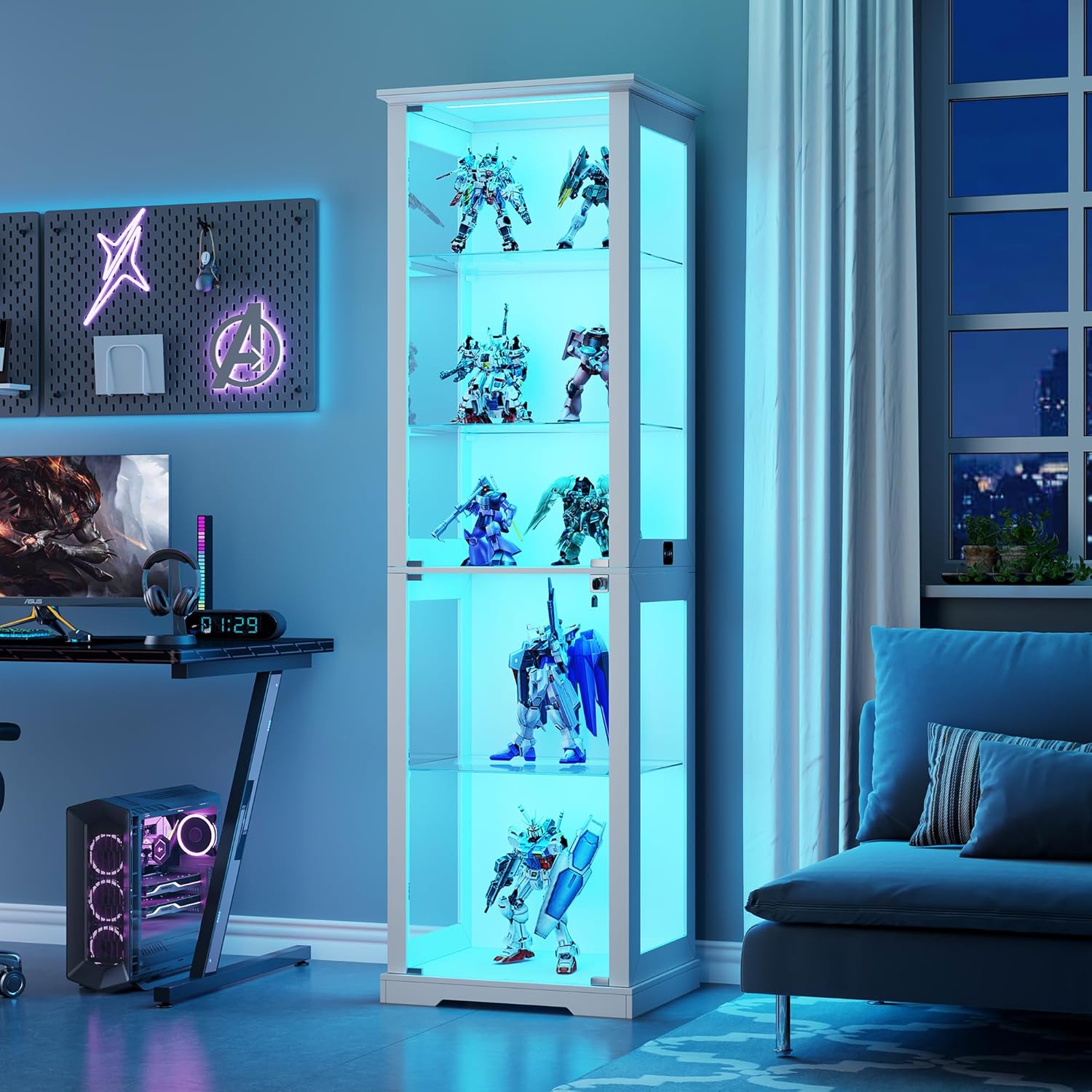 Lvifur Glasvitrine mit LED Beleuchtung und Glastüren für Wohnzimmer Schlafzimmer, Schrank, Praktisch, Weiß