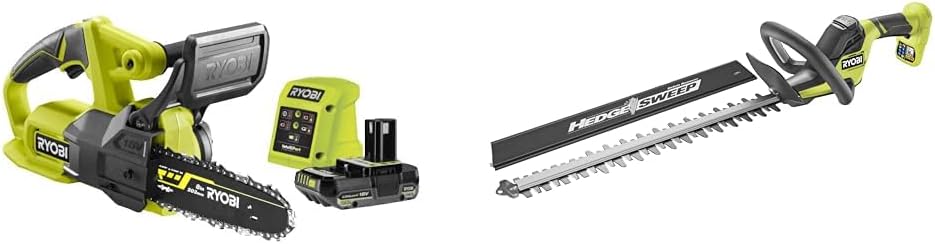 Bundle aus RYOBI 18 V ONE+ Akku-Kettensäge, Akku-Heckenschere, 50 cm, 2,5 Ah, Ohne Akku und Ladegerät
