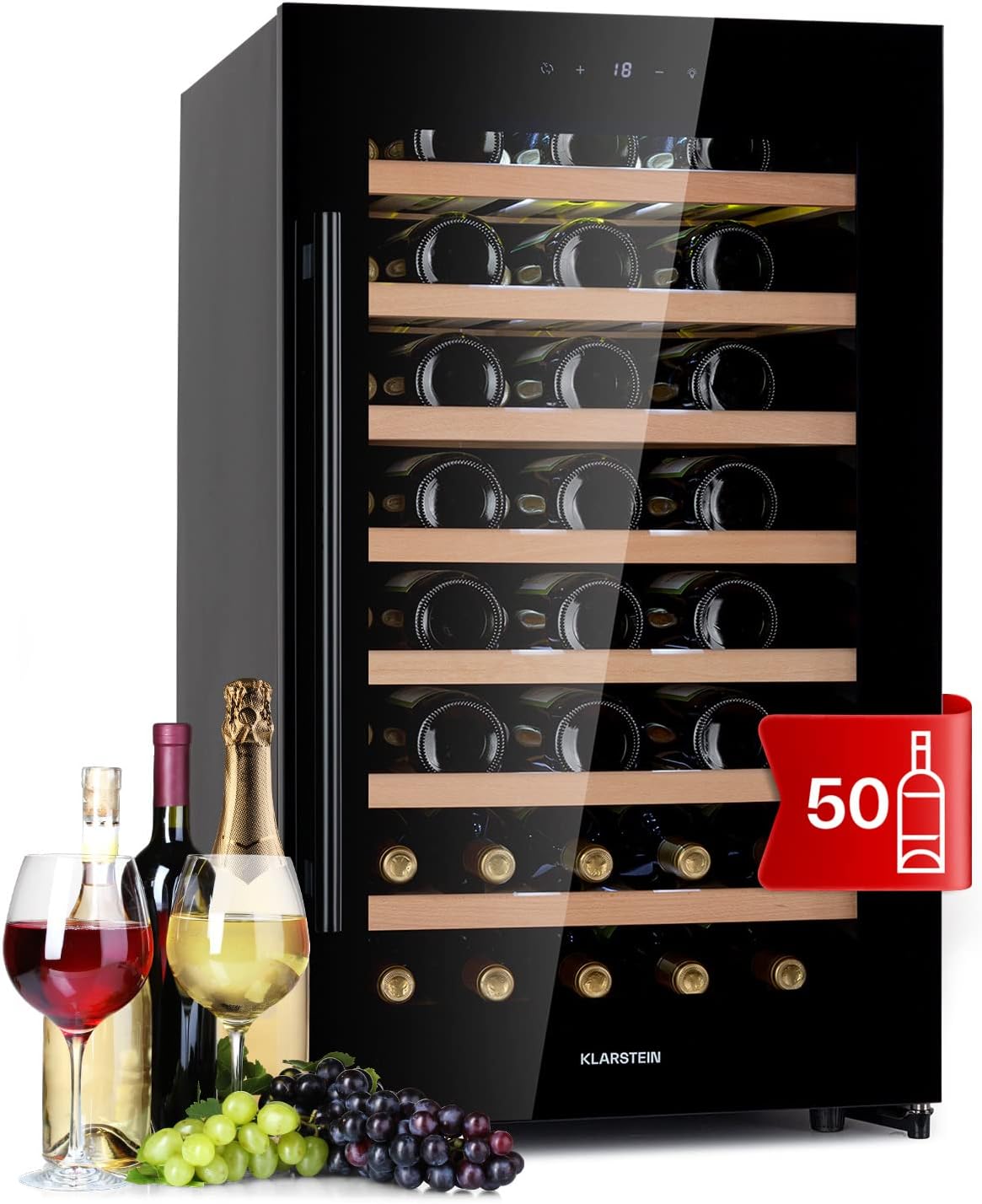 Klarstein Weinkühlschrank Freistehend, Getränkekühlschrank, Flaschenkühlschrank, 5 °C, 18 °C, Glastür, Rot, Soft-Touch