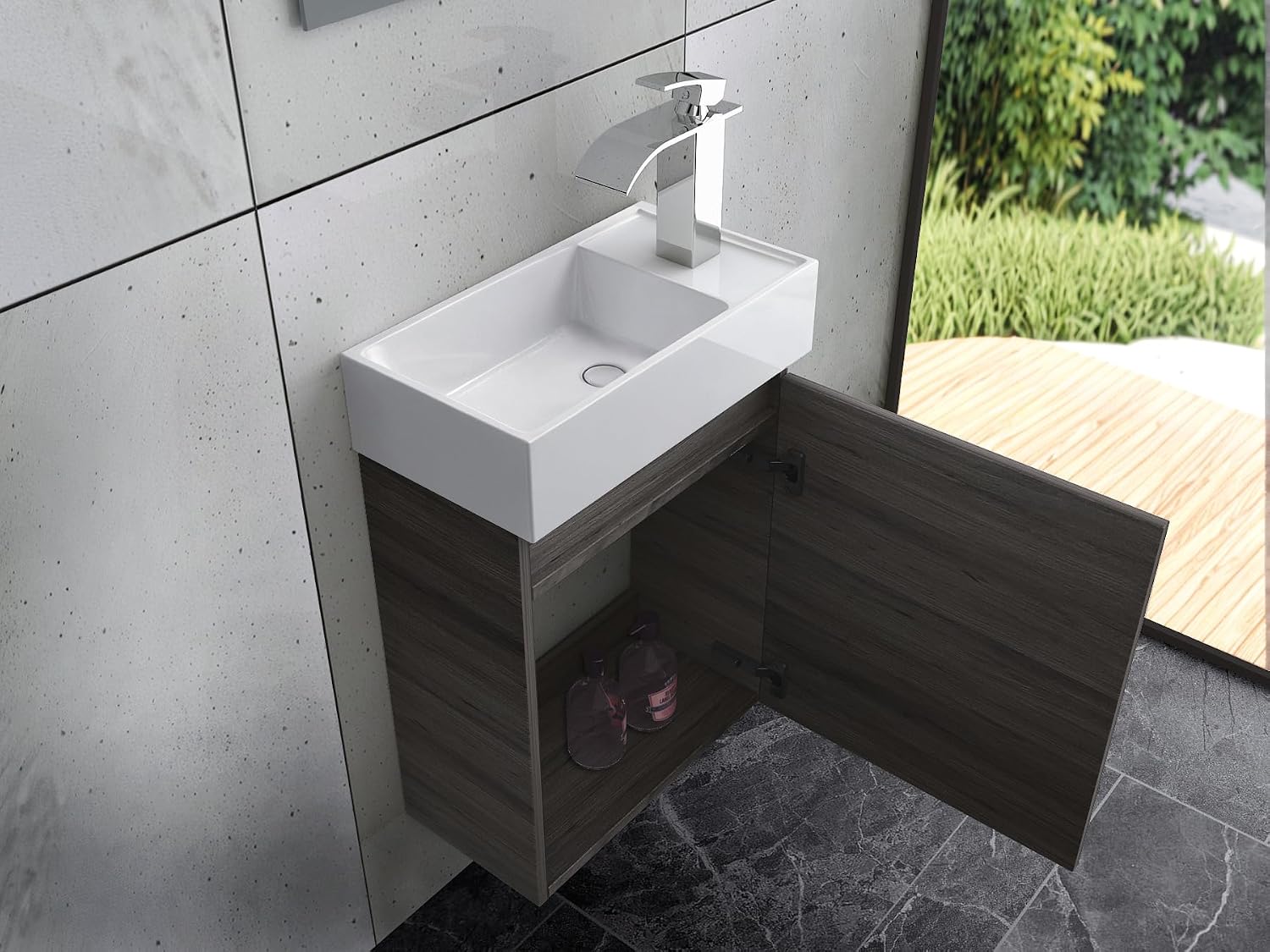 Faizee Möbel Badmöbel Grau Unterschränk, für Gäste WC & kleine Bäder, Waschbeckenunterschrank mit Keramik Waschbecken & Armatur