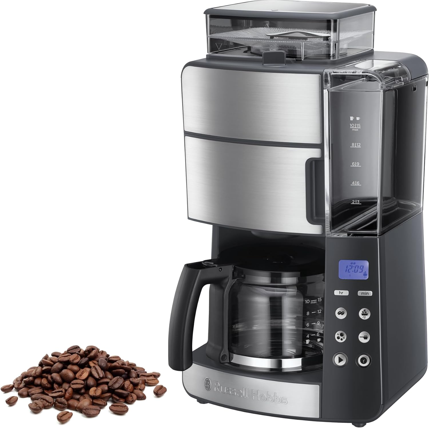 Russell Hobbs Kaffeemaschine mit Mahlwerk Glaskanne [Digitaler Timer, Glas-Kaffeemaschine, Filterkaffeemaschine, 1,25 l, 250 g