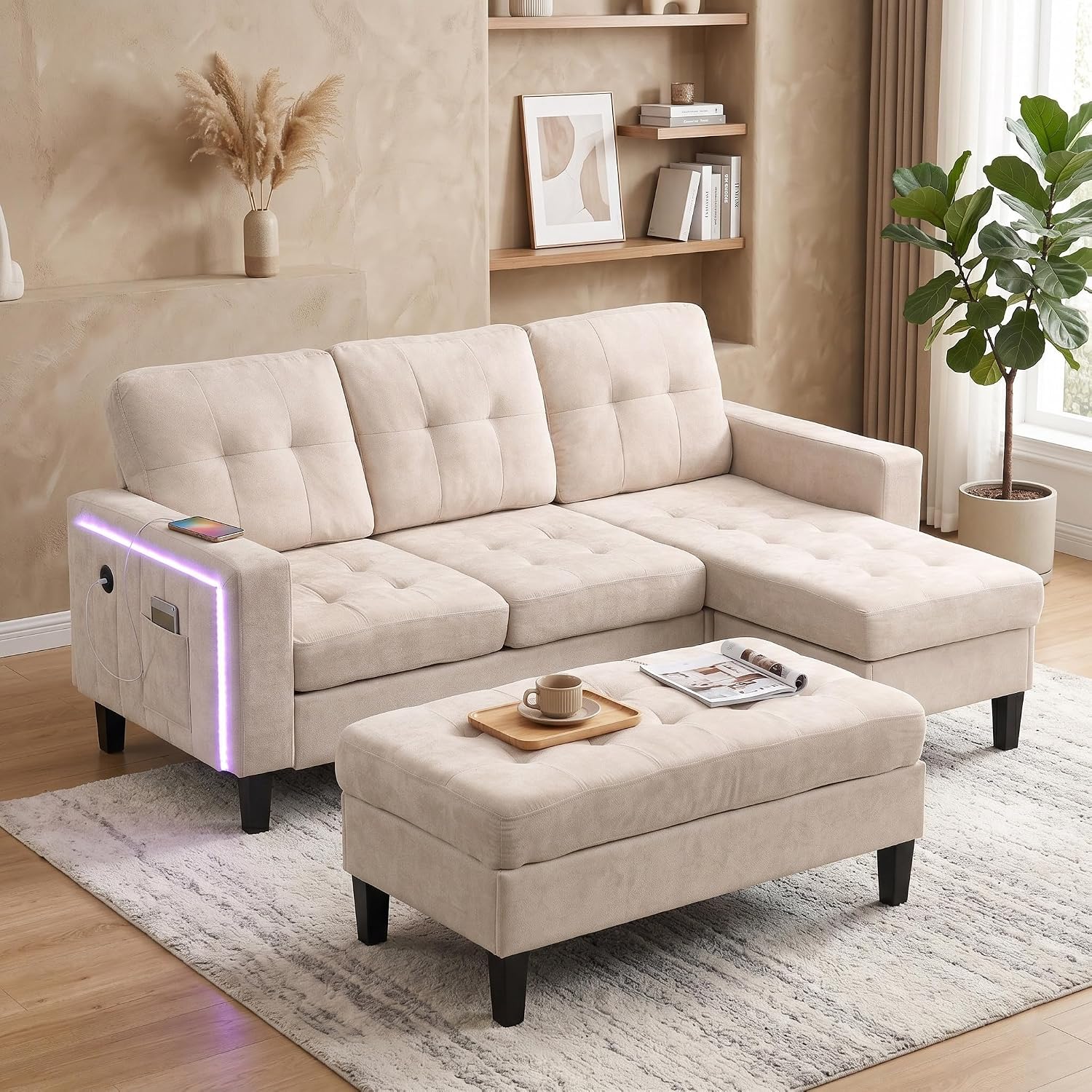 Sofa Eck L-Form mit Schlaffunktion & Beweglicher Zweisitzer Hocker OPODEE, Modulares 3-Sitzer Sofa Couch mit LED-Beleuchtung & USB-Anschluss