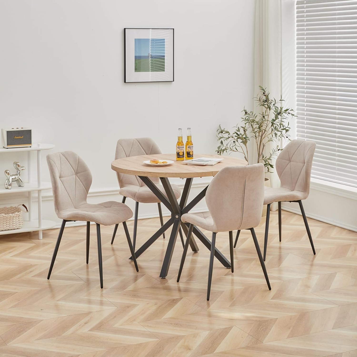 DEYARNA HOME Essgruppe Tisch Stühle, Esstisch, 100 * 100 * 76.5 cm Helle Holzfarbe, 4 Stühle & Tisch für Küche, Khaki/Helle Holzfarbe