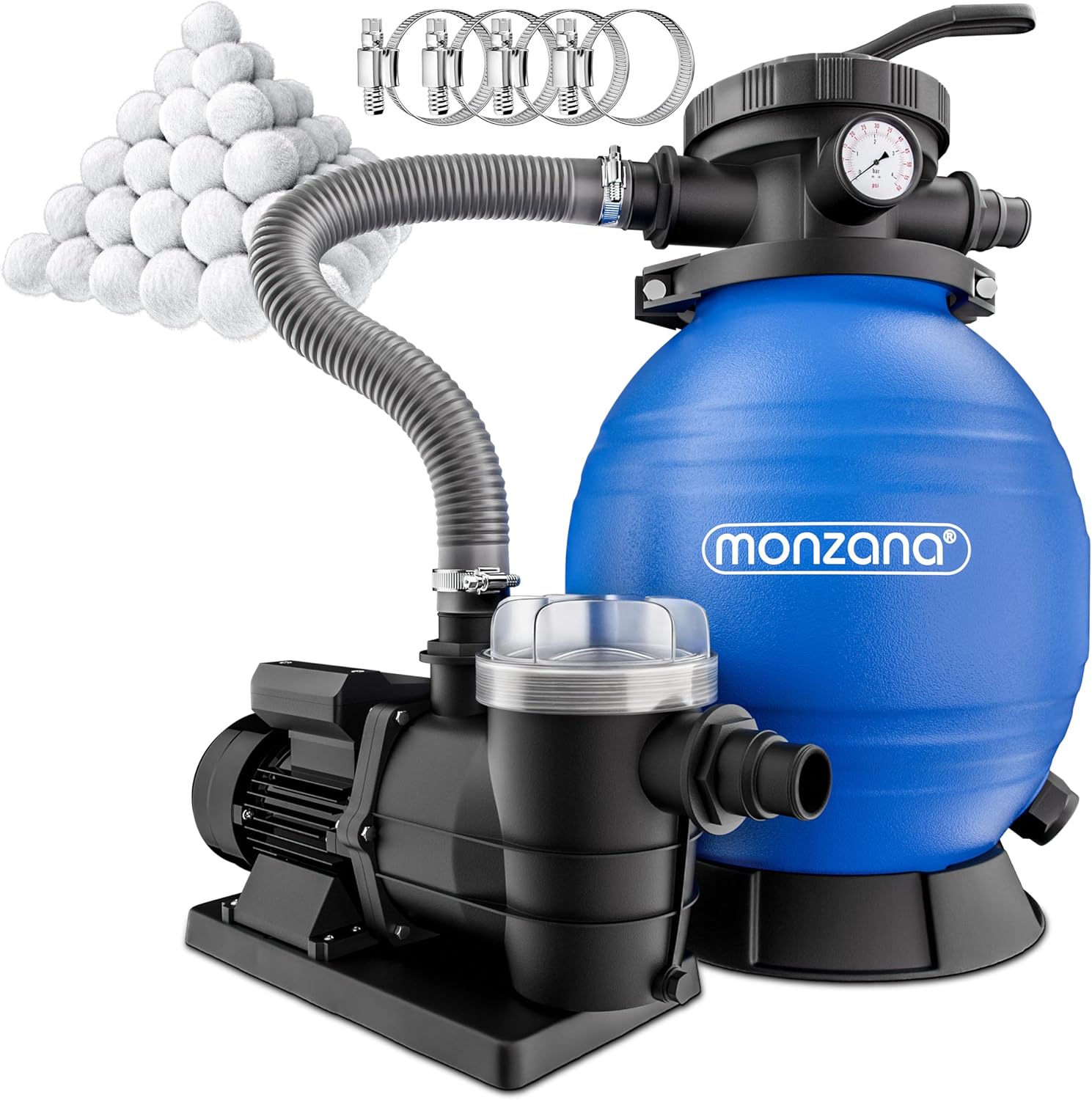 MONZANA Sandfilteranlage SF96K 9.600 l/h bis 30.000 l Pool inkl Filterbällen 7 Wege, 1,9m, 400 W, Kunststoff
