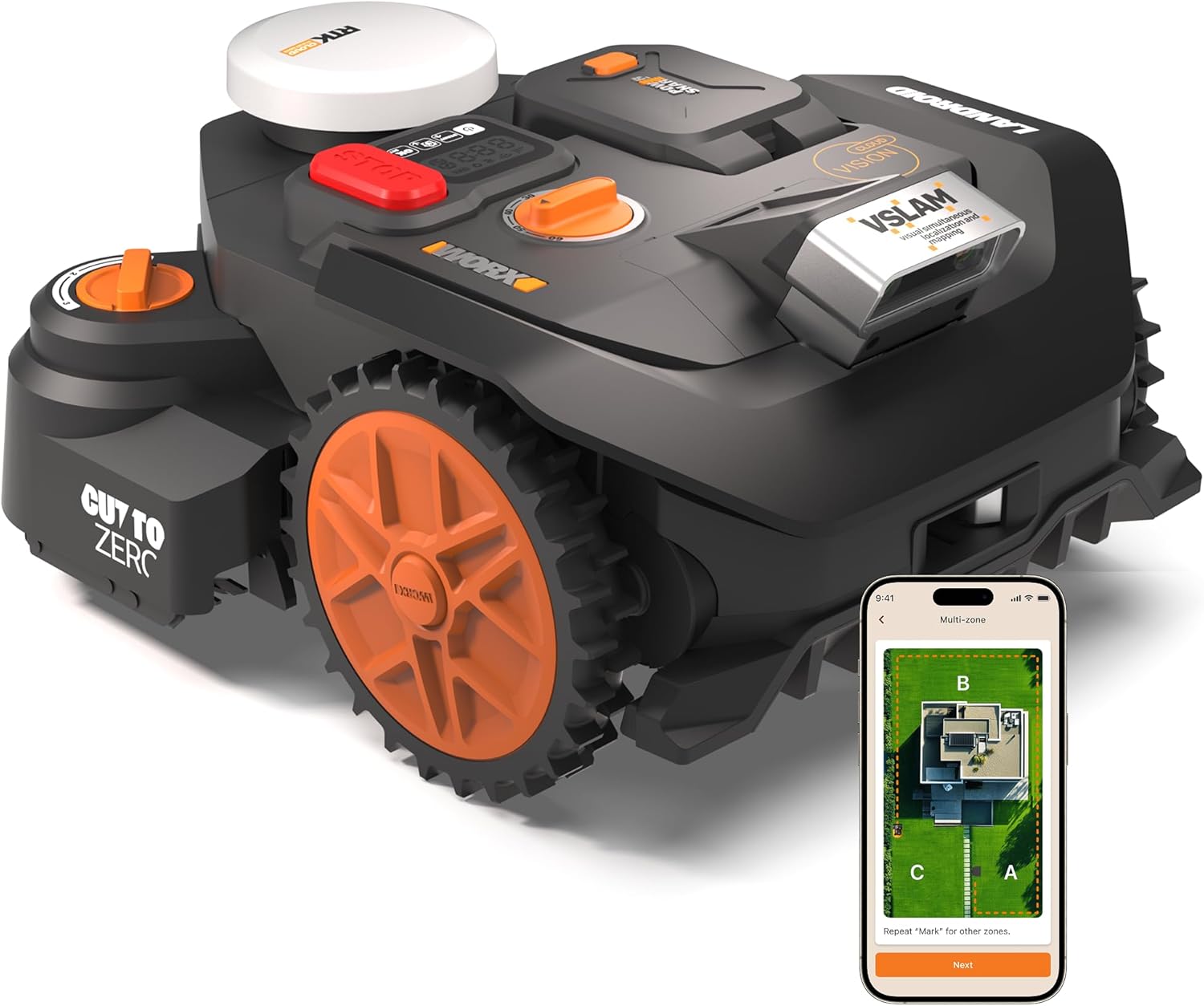 WORX Landroid Vision Cloud WR306E 2WD Mähroboter ohne Begrenzungskabel für 600 m2, Stereo-Kamera, App-Steuerung