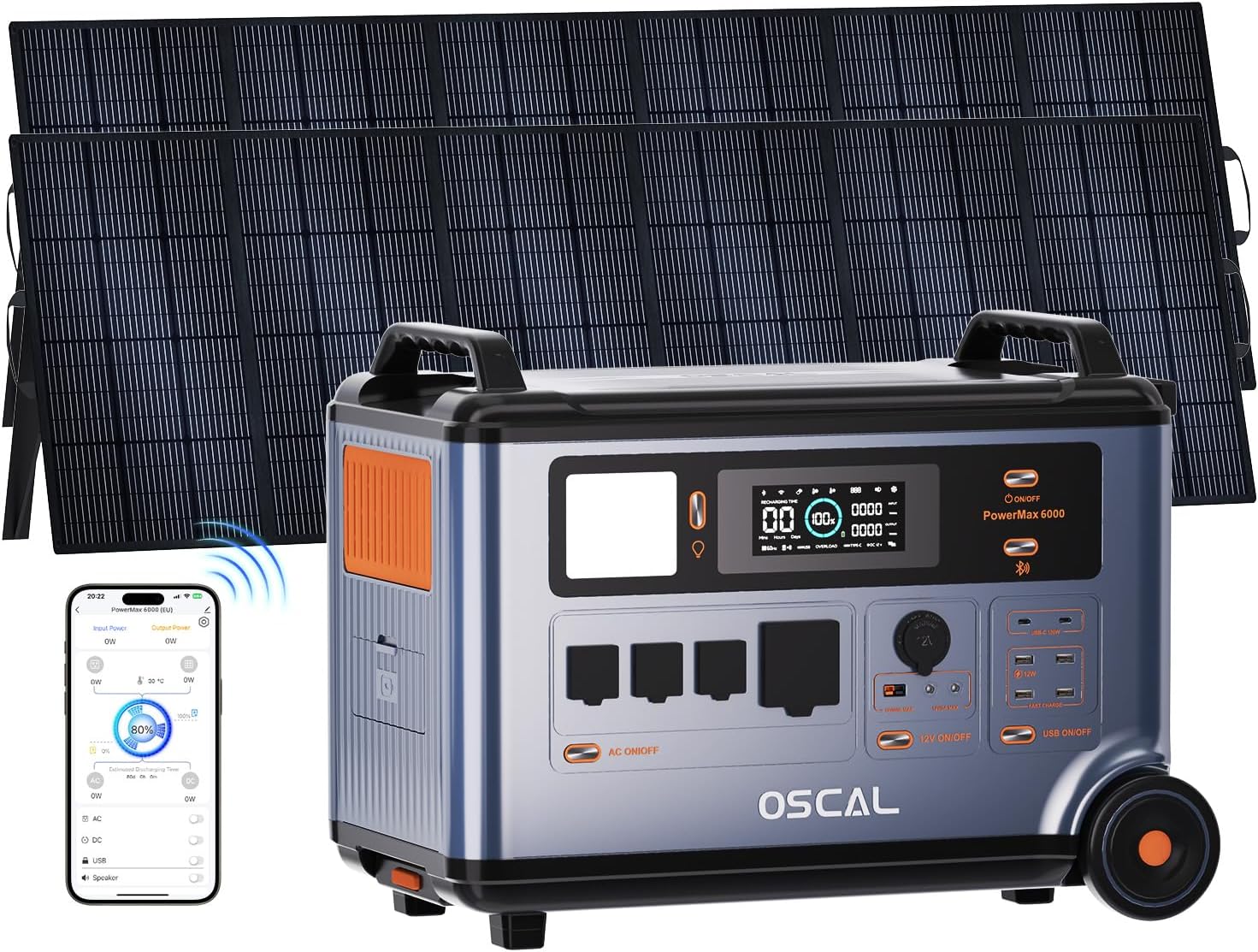 TerraVolt OSCAL PowerMax 6000 Solargenerator 6000W Stromgenerator, LiFePO4-Akku, Vollladung in 1, 96 Std, 9000 W, 500W, App-Steuerung, Stromausfall