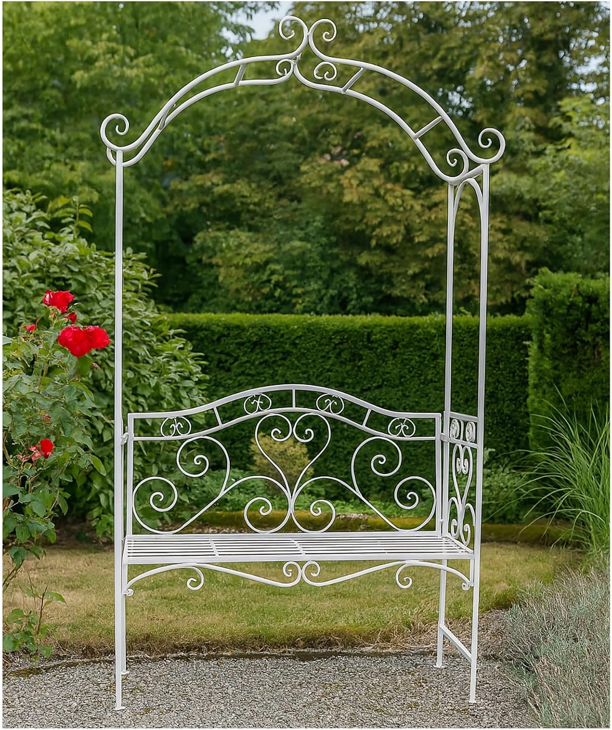 HTI living Romantische Gartenbank mit Rosenbogen aus Metall Celia Rankhilfe Metall, 180 kg, 200 cm, 45 cm, Schwarz