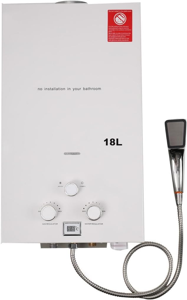 ECUTEE 18L Durchlauferhitzer 36 KW Gasdurchlauferhitzer, 18 Liter, für Zuhause, Camping Weiß, Wohnmobile