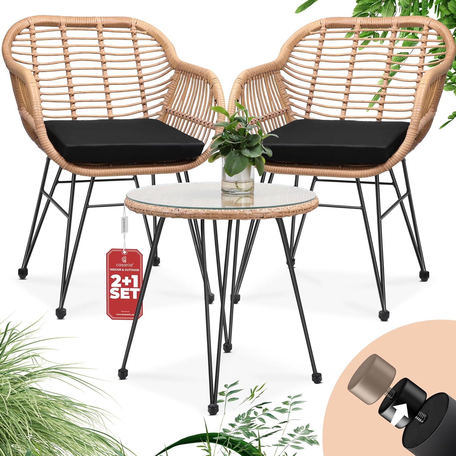 Casaria Balkonset 3 teilig 5 cm Auflagen Wetterfest 5 mm Sicherheitsglasplatte, Tisch, Sessel, Garten, 43 cm, 30 °C
