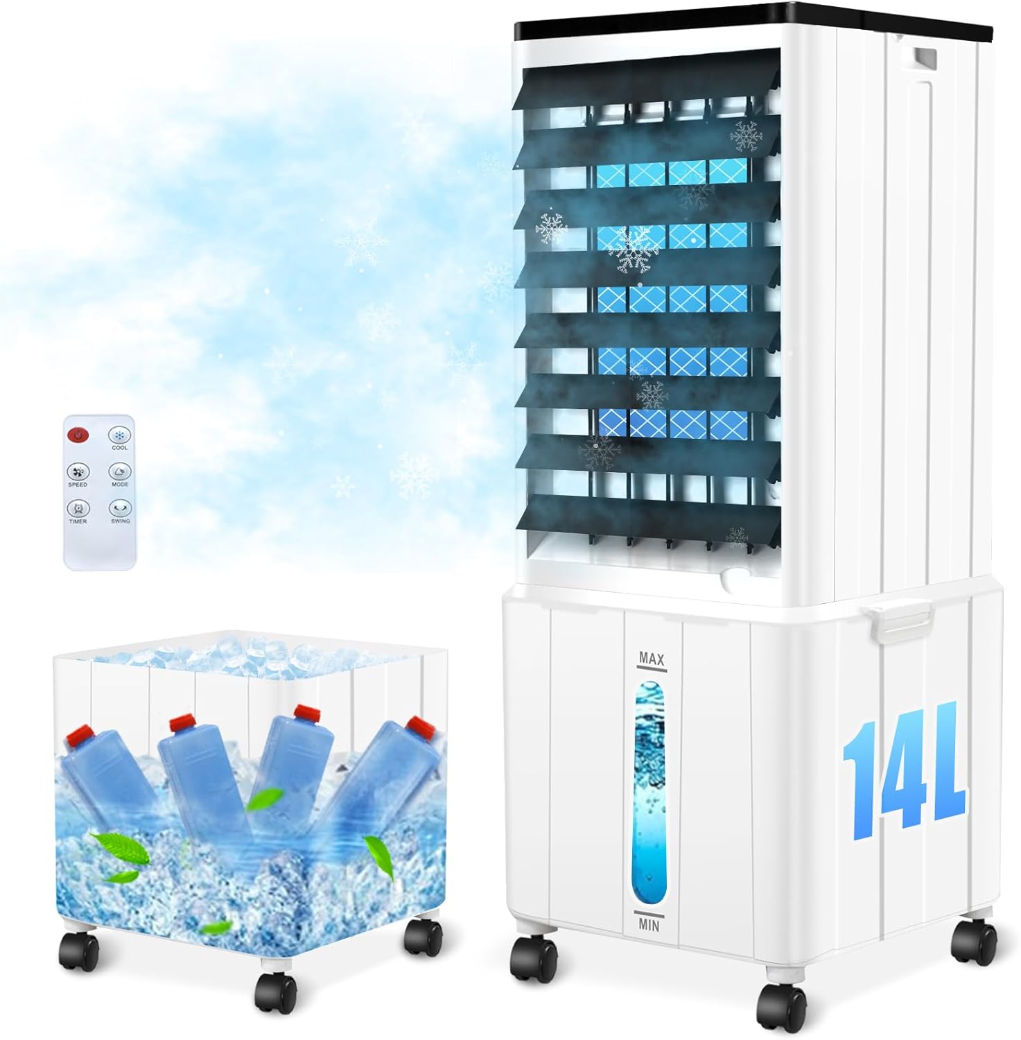 JJLVLU 12H 120°Oszillation Mobile Klimaanlage, 14L, 40 dB, 60W, Fernbedienung, Timer, Weiß/Schwarz