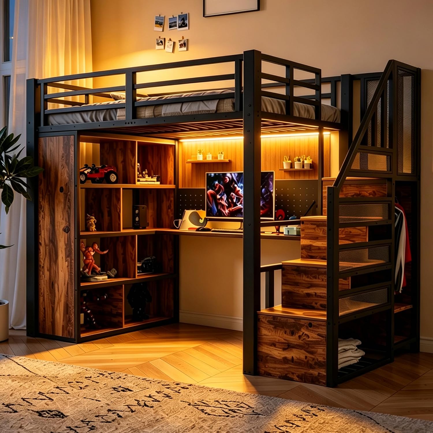 Merax Metall-Hochbett 90 × 200 cm, Praktisch, Schreibtisch, 120 kg, 169,4 cm, 103,7 kg, LED-Beleuchtung, Montage erforderlich