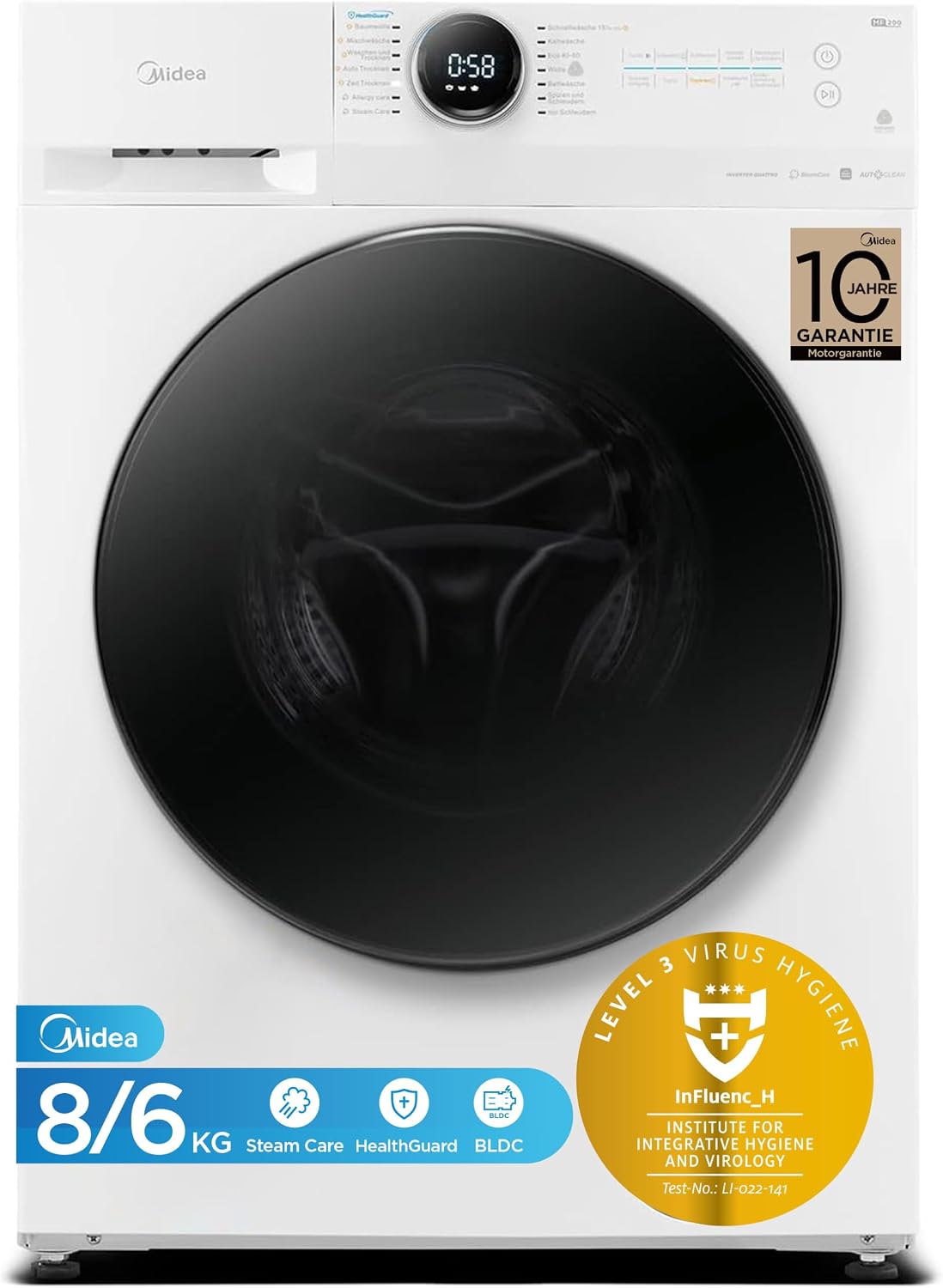 Midea MF200D86WB-14DAS Waschtrokner, Waschtrockner, Ventilator, 8 kg, 6 kg, 480 mm, 30 Minuten, 60 °C, APP-Steuerung