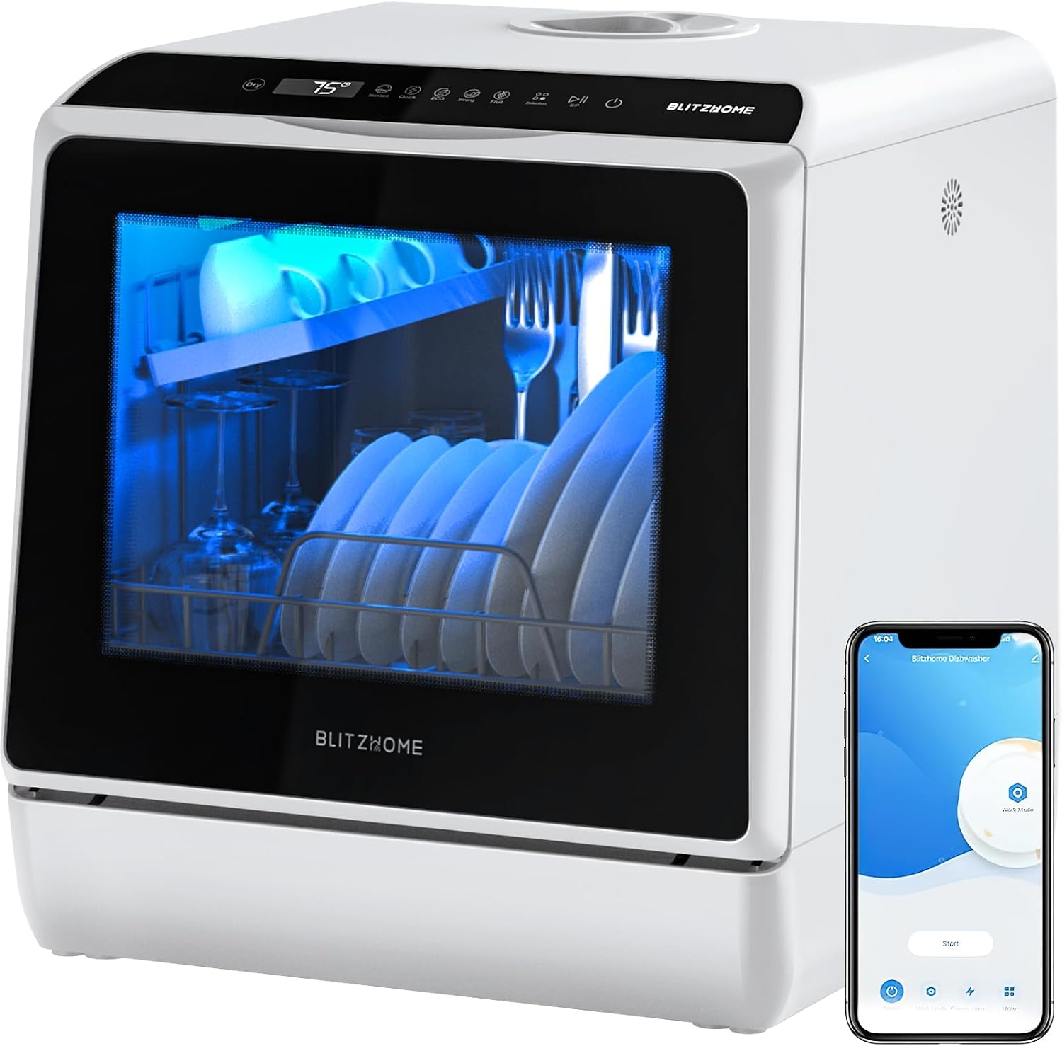 BLITZHOME Mini Spülmaschine, BLITZHOME Mini Tischgeschirrspüler, 6 Programme Tragbarer Smart Tischgeschirrspüler mit 5L Wassertank, für Camping