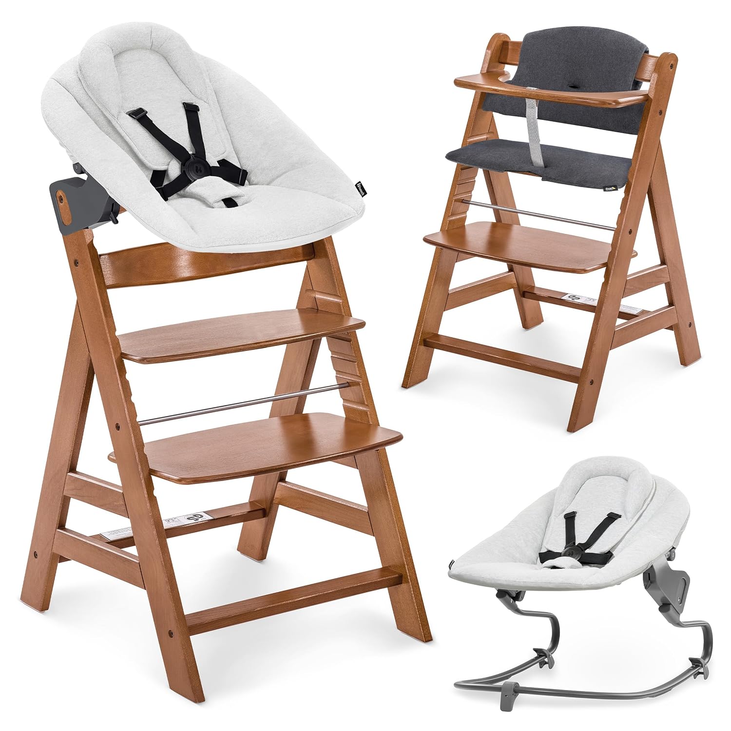 Hauck Alpha+ Hochstuhl Newborn Set mit Premium Bouncer - Walnuss, Treppenhochstuhl, Babyhochstuhl, 90 kg