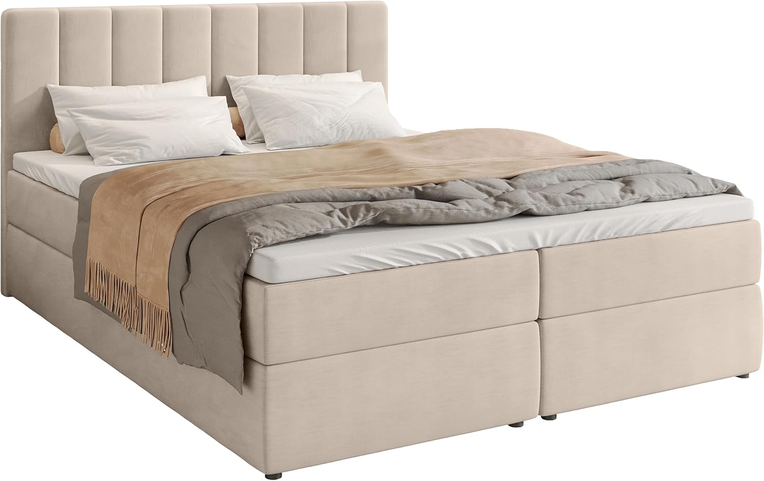 Bett Boxspring BROMARKT, 200 cm, Massivholz, für Schlafzimmer Denver Beige, Stauraum