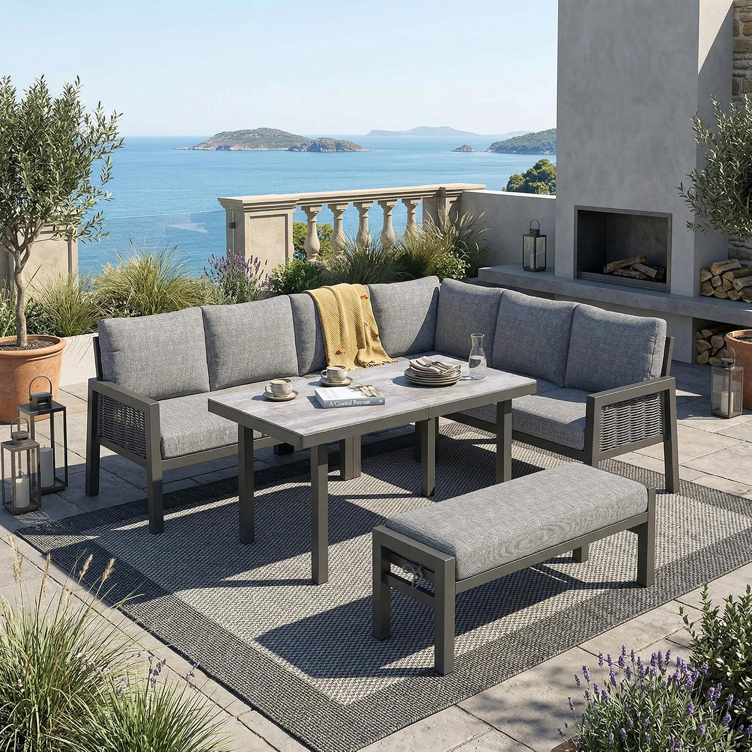 Httcg Gartenmöbel Set Lounge Möbel Outdoor für 8 Personen, Verzinktes Eisen, Terrassenmöbel Balkonmöbel Gartensofa Set mit Esstisch und Ecksofa