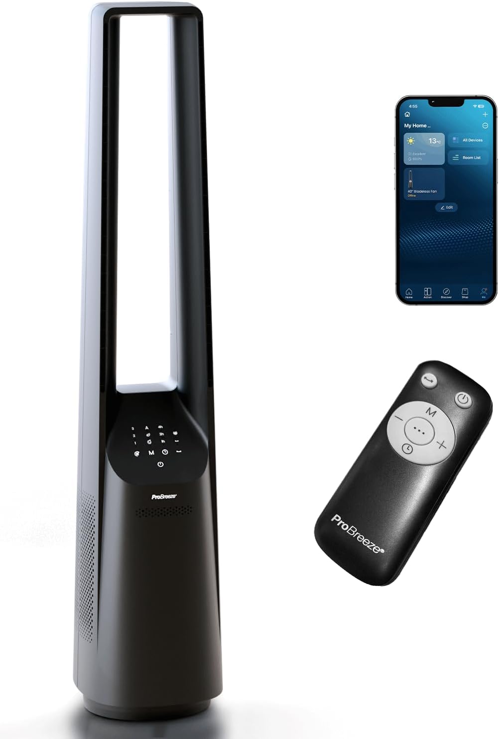 Pro Breeze 101 cm rotorloser Ventilator - Smart Home Ventilator mit WLAN, Standventilator, Turmventilator, Schlafzimmer