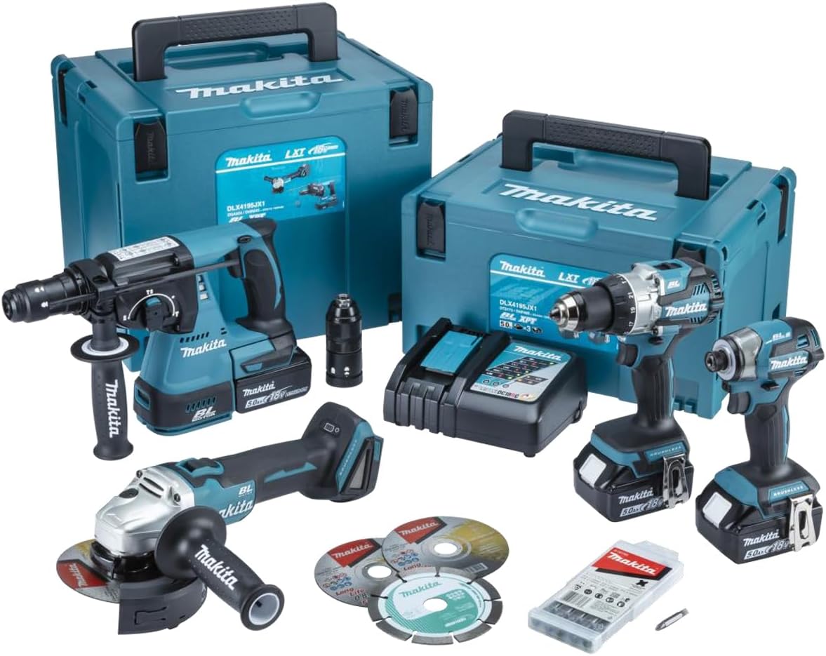 Set DHP489 + DTD173 + DHR243 + DGA504 + 3x BL1850 18 V 5 Ah + 1x DC18RC Makita, Schlagbohrschrauber, Schlagschrauber, 5,0 Ah, Schnellladegerät