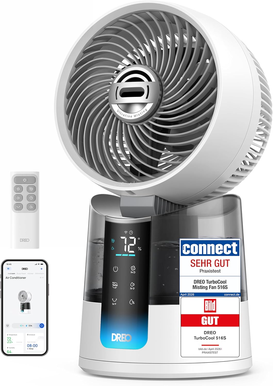 DREO TurboCool Nebelventilator 516S, Kühlventilator, Tischventilator, 3 °C, 7.9 m, 20 dB, 1,3 l, 12 Stunden