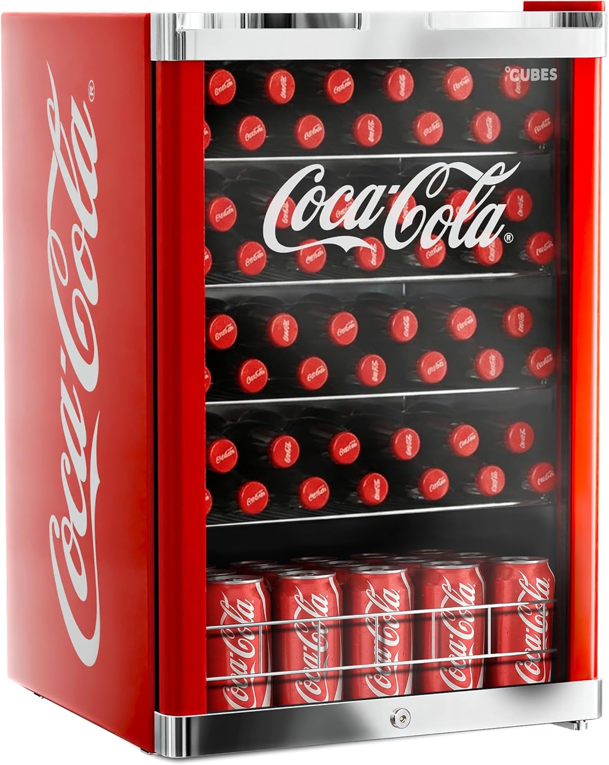 °CUBES Coca Cola Kühlschrank 115 l, Getränkekühlschrank, Flaschenkühlschrank, Büro, 54 cm, 84,5 cm, 104 kWh, 82 cm, Glastür